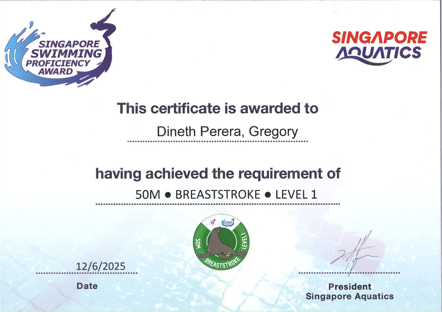 Swimming Certificate